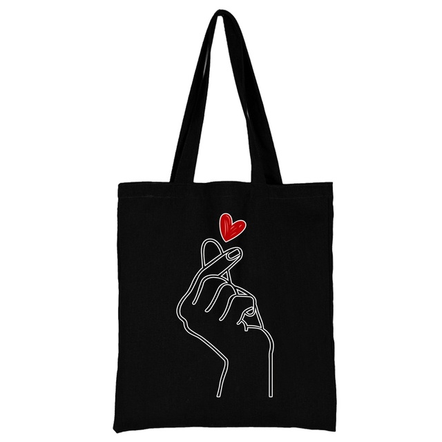 Damska torba na zakupy z tkaniny w modnym klasycznym wzorze serii Serce - wielokrotnego użytku, czarny wydruk na płótnie, duża pojemność - Wianko - 31