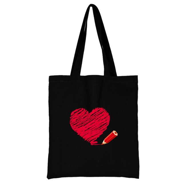 Damska torba na zakupy z tkaniny w modnym klasycznym wzorze serii Serce - wielokrotnego użytku, czarny wydruk na płótnie, duża pojemność - Wianko - 29