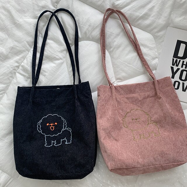 Sztruksowa torba na ramię haftowana - torba wielokrotnego użytku, casualowa, z motywem szczeniaka - kobieta, torby na zakupy, torba na ramię - Wianko - 9