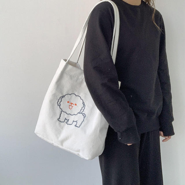 Sztruksowa torba na ramię haftowana - torba wielokrotnego użytku, casualowa, z motywem szczeniaka - kobieta, torby na zakupy, torba na ramię - Wianko - 22