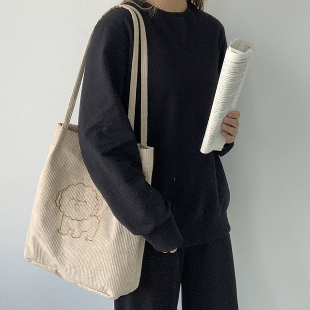 Sztruksowa torba na ramię haftowana - torba wielokrotnego użytku, casualowa, z motywem szczeniaka - kobieta, torby na zakupy, torba na ramię - Wianko - 17