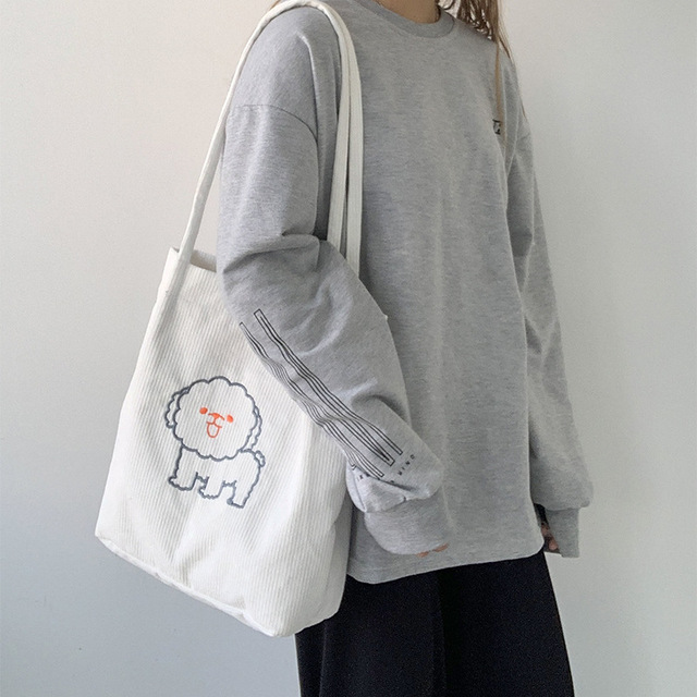 Sztruksowa torba na ramię haftowana - torba wielokrotnego użytku, casualowa, z motywem szczeniaka - kobieta, torby na zakupy, torba na ramię - Wianko - 23
