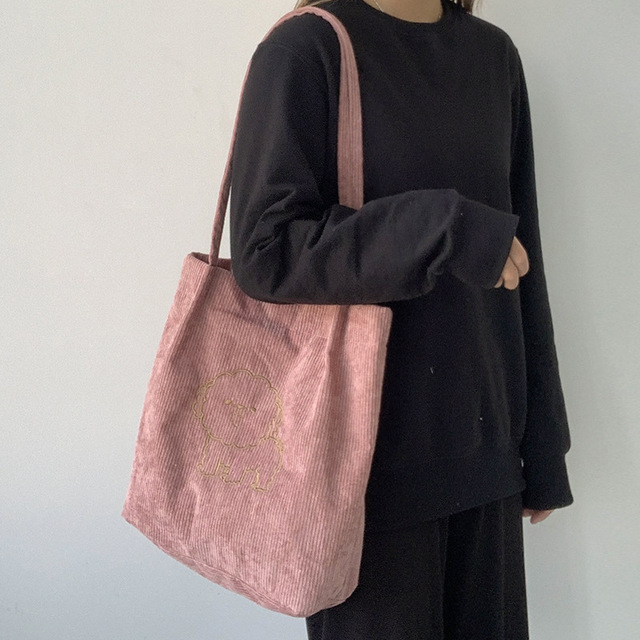Sztruksowa torba na ramię haftowana - torba wielokrotnego użytku, casualowa, z motywem szczeniaka - kobieta, torby na zakupy, torba na ramię - Wianko - 14