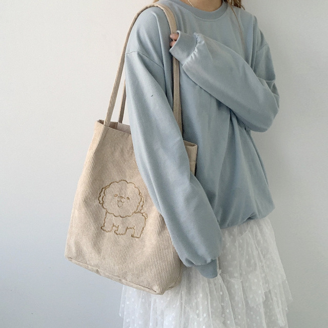Sztruksowa torba na ramię haftowana - torba wielokrotnego użytku, casualowa, z motywem szczeniaka - kobieta, torby na zakupy, torba na ramię - Wianko - 20