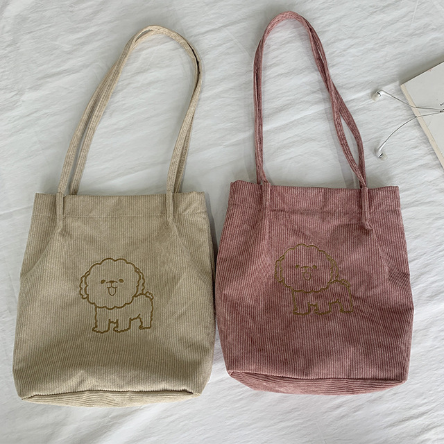 Sztruksowa torba na ramię haftowana - torba wielokrotnego użytku, casualowa, z motywem szczeniaka - kobieta, torby na zakupy, torba na ramię - Wianko - 10