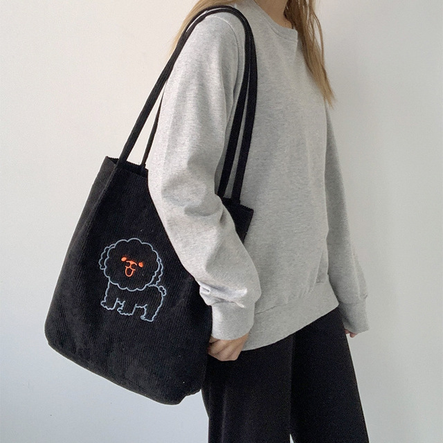 Sztruksowa torba na ramię haftowana - torba wielokrotnego użytku, casualowa, z motywem szczeniaka - kobieta, torby na zakupy, torba na ramię - Wianko - 13