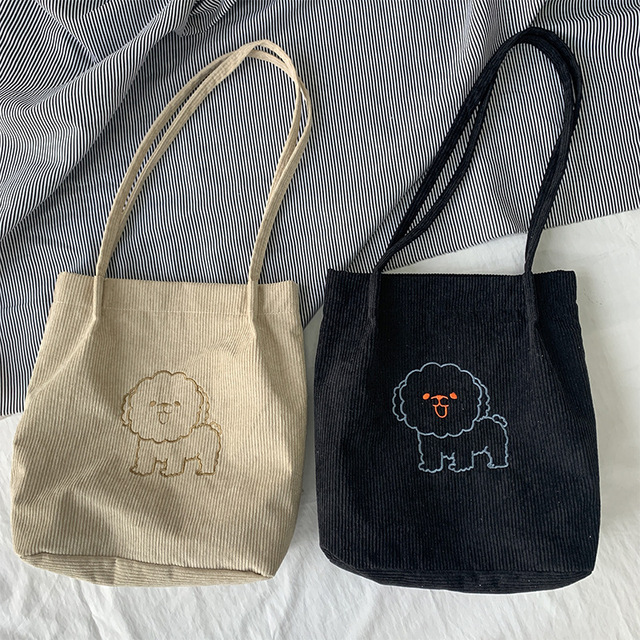 Sztruksowa torba na ramię haftowana - torba wielokrotnego użytku, casualowa, z motywem szczeniaka - kobieta, torby na zakupy, torba na ramię - Wianko - 26
