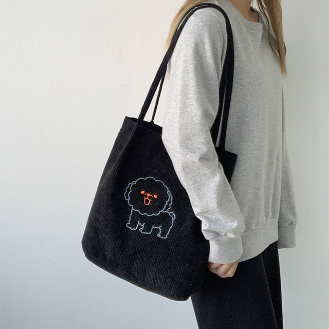 Sztruksowa torba na ramię haftowana - torba wielokrotnego użytku, casualowa, z motywem szczeniaka - kobieta, torby na zakupy, torba na ramię - Wianko - 12