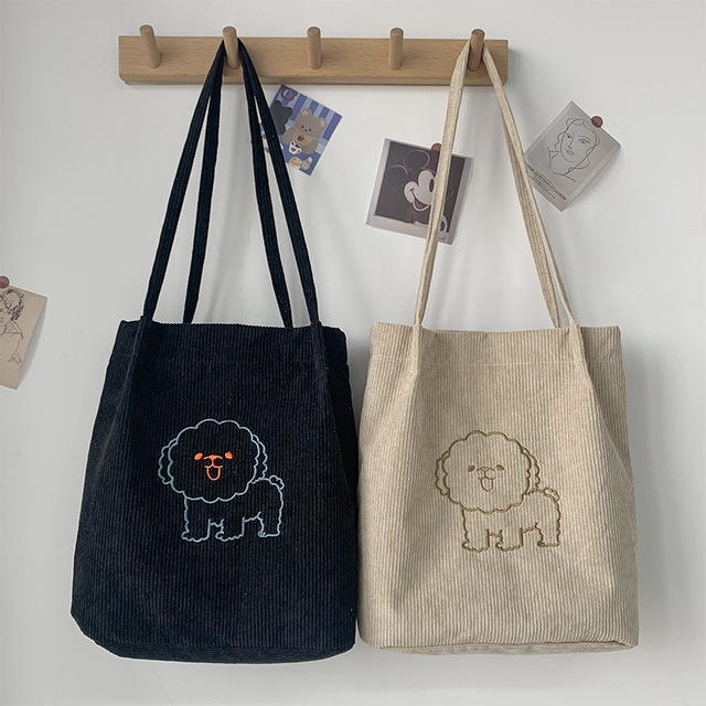 Sztruksowa torba na ramię haftowana - torba wielokrotnego użytku, casualowa, z motywem szczeniaka - kobieta, torby na zakupy, torba na ramię - Wianko - 1
