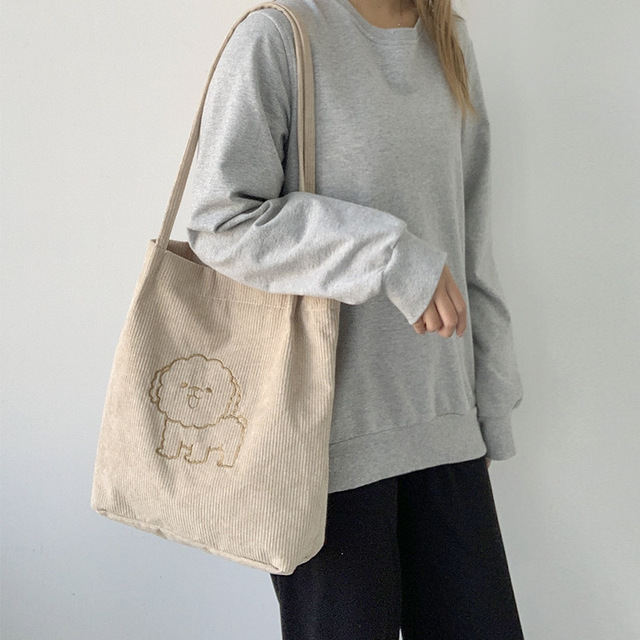 Sztruksowa torba na ramię haftowana - torba wielokrotnego użytku, casualowa, z motywem szczeniaka - kobieta, torby na zakupy, torba na ramię - Wianko - 19