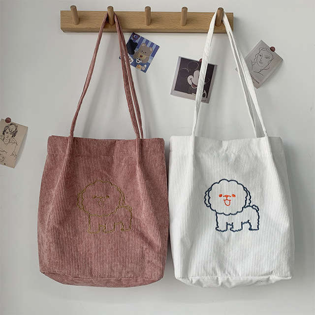 Sztruksowa torba na ramię haftowana - torba wielokrotnego użytku, casualowa, z motywem szczeniaka - kobieta, torby na zakupy, torba na ramię - Wianko - 2