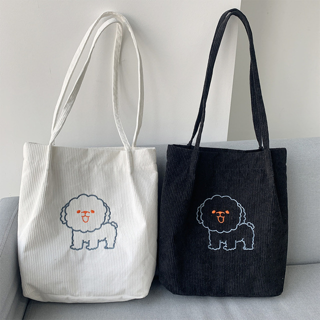 Sztruksowa torba na ramię haftowana - torba wielokrotnego użytku, casualowa, z motywem szczeniaka - kobieta, torby na zakupy, torba na ramię - Wianko - 25