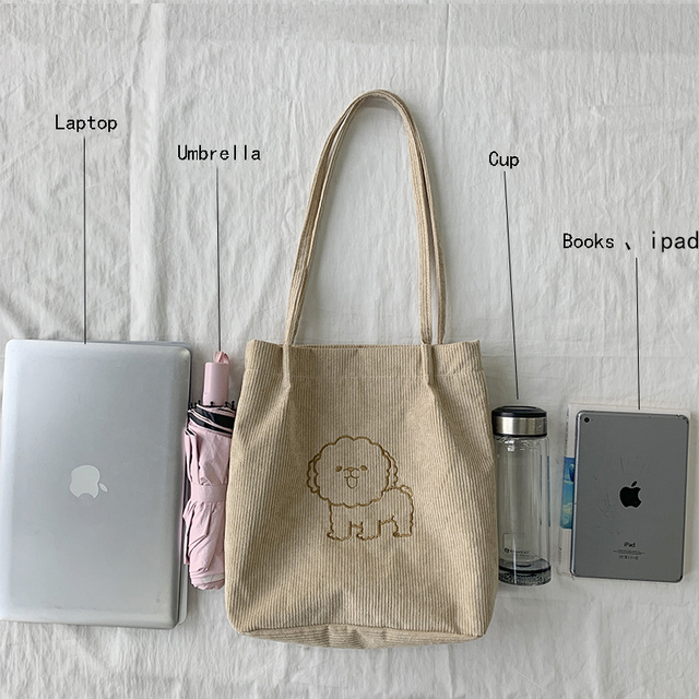 Sztruksowa torba na ramię haftowana - torba wielokrotnego użytku, casualowa, z motywem szczeniaka - kobieta, torby na zakupy, torba na ramię - Wianko - 4