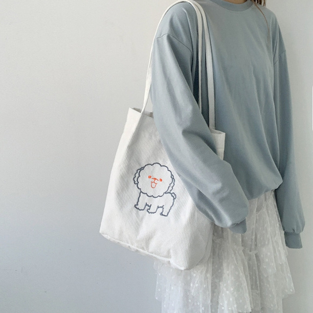 Sztruksowa torba na ramię haftowana - torba wielokrotnego użytku, casualowa, z motywem szczeniaka - kobieta, torby na zakupy, torba na ramię - Wianko - 24