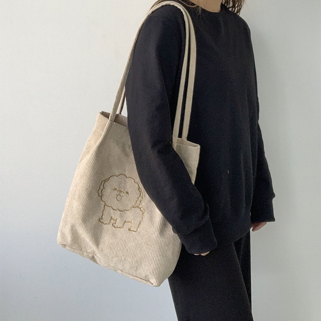 Sztruksowa torba na ramię haftowana - torba wielokrotnego użytku, casualowa, z motywem szczeniaka - kobieta, torby na zakupy, torba na ramię - Wianko - 18