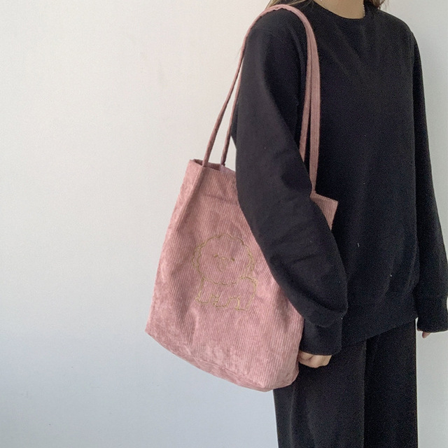 Sztruksowa torba na ramię haftowana - torba wielokrotnego użytku, casualowa, z motywem szczeniaka - kobieta, torby na zakupy, torba na ramię - Wianko - 15