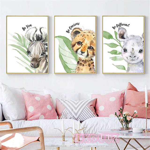 Plakat Liście, akwarela i zwierzęta: lew, tygrys, słoń, żyrafa, nosorożec - dekoracja artystyczna dla dzieci do pokoju ż131 - Wianko - 1