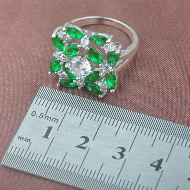 Zestaw biżuterii ślubnej z zieloną cyrkonią, srebrny kolor, wzór kwiatowy - naszyjnik, wisiorek, kolczyki, pierścień - Wianko - 4