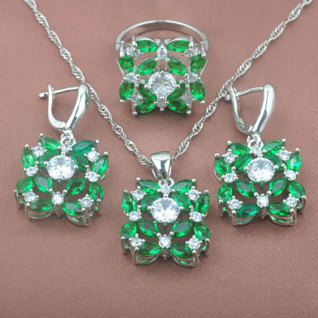 Zestaw biżuterii ślubnej z zieloną cyrkonią, srebrny kolor, wzór kwiatowy - naszyjnik, wisiorek, kolczyki, pierścień - Wianko - 1