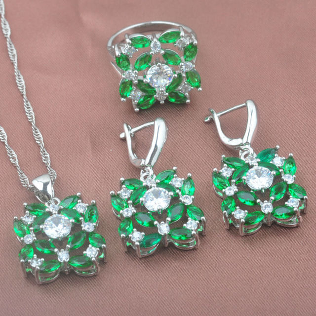 Zestaw biżuterii ślubnej z zieloną cyrkonią, srebrny kolor, wzór kwiatowy - naszyjnik, wisiorek, kolczyki, pierścień - Wianko - 2