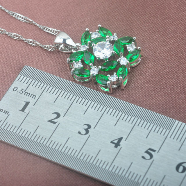 Zestaw biżuterii ślubnej z zieloną cyrkonią, srebrny kolor, wzór kwiatowy - naszyjnik, wisiorek, kolczyki, pierścień - Wianko - 3