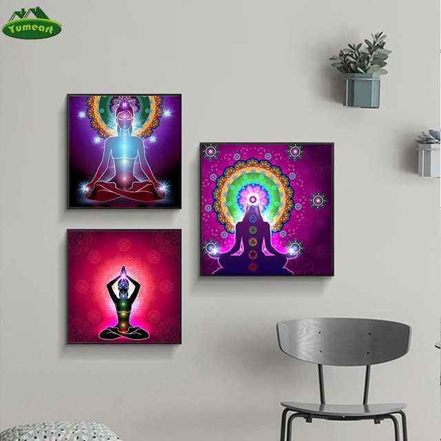 Płótno plakaty z indyjskim posągiem buddy, medytacyjne 7 Chakra Mandala, psychodeliczne malowidła joga Boho - Home Decor - Wianko - 6