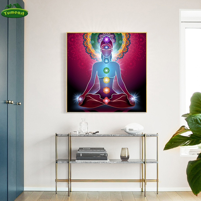 Płótno plakaty z indyjskim posągiem buddy, medytacyjne 7 Chakra Mandala, psychodeliczne malowidła joga Boho - Home Decor - Wianko - 5