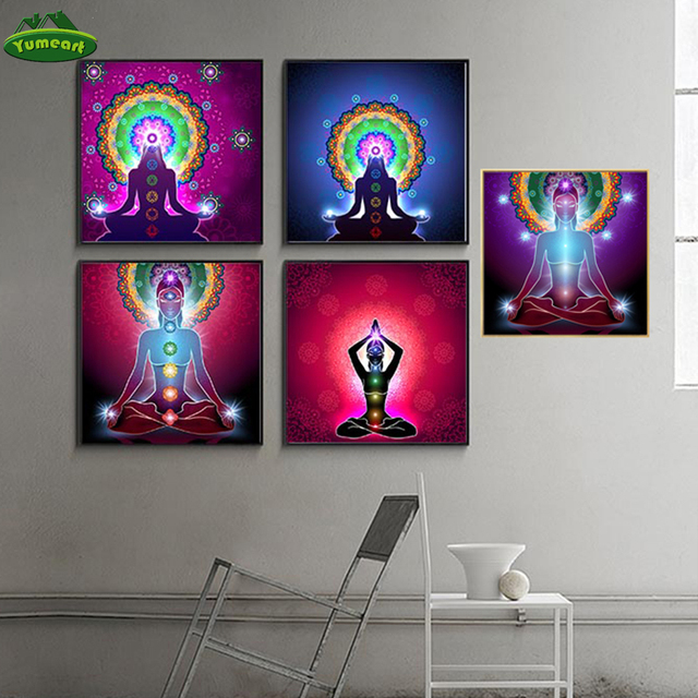 Płótno plakaty z indyjskim posągiem buddy, medytacyjne 7 Chakra Mandala, psychodeliczne malowidła joga Boho - Home Decor - Wianko - 4