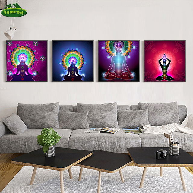 Płótno plakaty z indyjskim posągiem buddy, medytacyjne 7 Chakra Mandala, psychodeliczne malowidła joga Boho - Home Decor - Wianko - 3