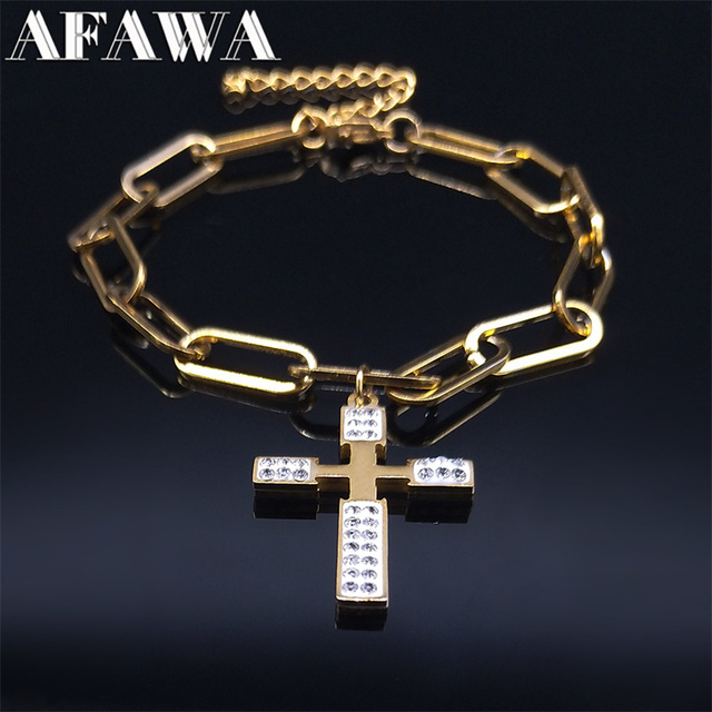 Bransoletka krzyżyk ze stali szlachetnej - złoty kolor, biżuteria religijna dla kobiet - Wianko - 16