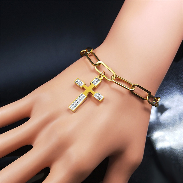 Bransoletka krzyżyk ze stali szlachetnej - złoty kolor, biżuteria religijna dla kobiet - Wianko - 14