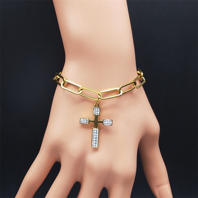 Bransoletka krzyżyk ze stali szlachetnej - złoty kolor, biżuteria religijna dla kobiet - Wianko - 12