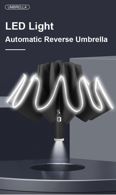 Składany parasol LED z automatycznym reversiem, wiatroodporny z regulowanym kątem - Wianko - 2