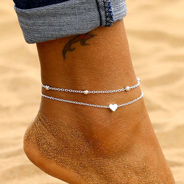 Damski Anklet z sercem w stylu czeskim, warstwowy na stopę, letnia plażowa ozdoba na kostkę dla kobiet - łańcuch nóg 2021 - Wianko - 3