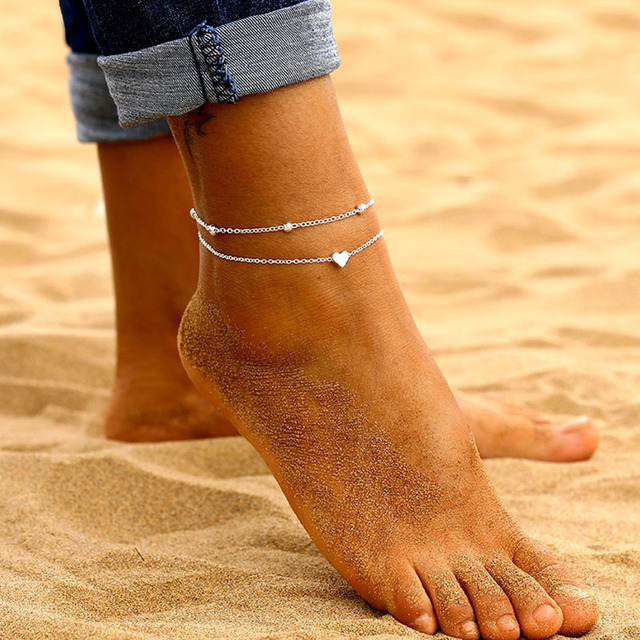 Damski Anklet z sercem w stylu czeskim, warstwowy na stopę, letnia plażowa ozdoba na kostkę dla kobiet - łańcuch nóg 2021 - Wianko - 4