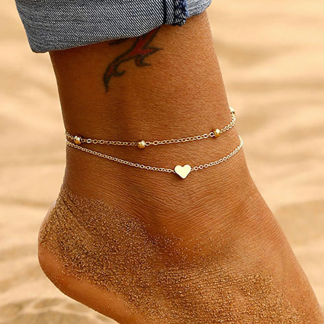 Damski Anklet z sercem w stylu czeskim, warstwowy na stopę, letnia plażowa ozdoba na kostkę dla kobiet - łańcuch nóg 2021 - Wianko - 2