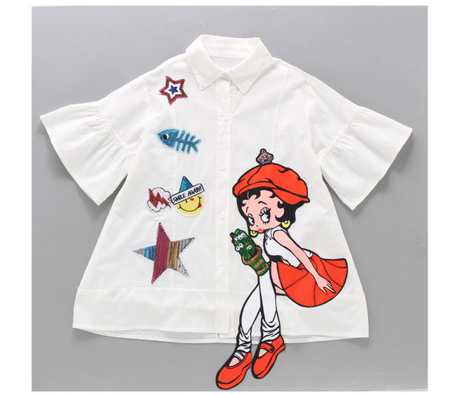 T-Shirt sukienka letnia dla dziewcząt z kreskówką, rękaw trąbkowy, cekiny, haft, długie topy, dla dzieci 4-14 lat - Wianko - 2