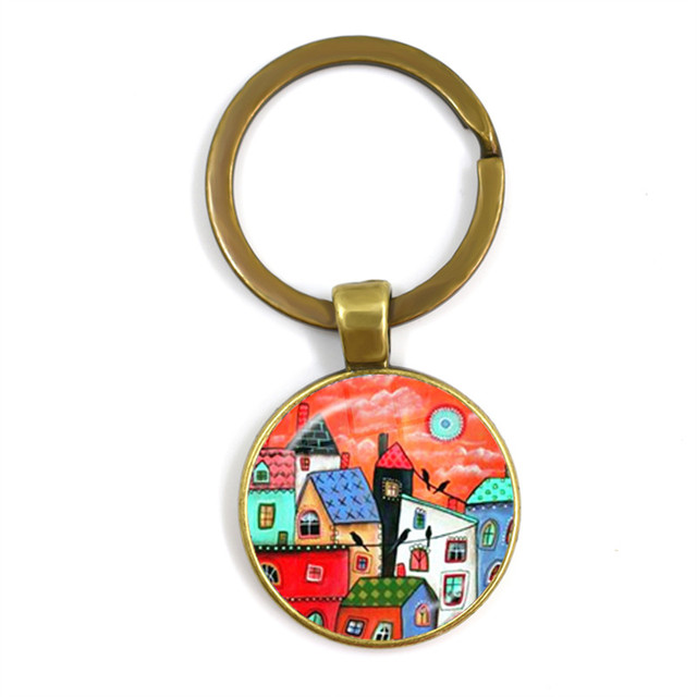 Kolorowy breloczek klucz do nowego domu z szklaną kopułą Cabochon 25mm - biżuteria podkreślająca osobowość - Wianko - 1
