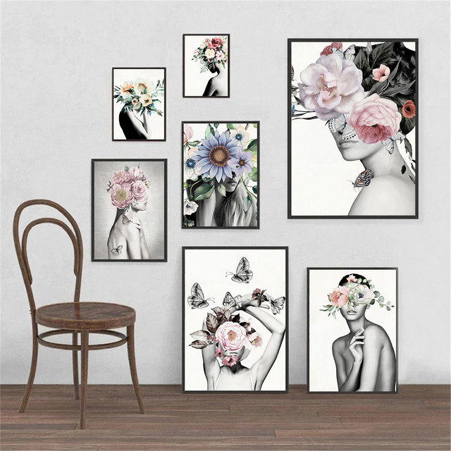 Motyl kwiat głowa kobieta - plakat malarstwo abstrakcyjne, nowoczesny druk na płótnie do dekoracji sypialni - Wianko - 3