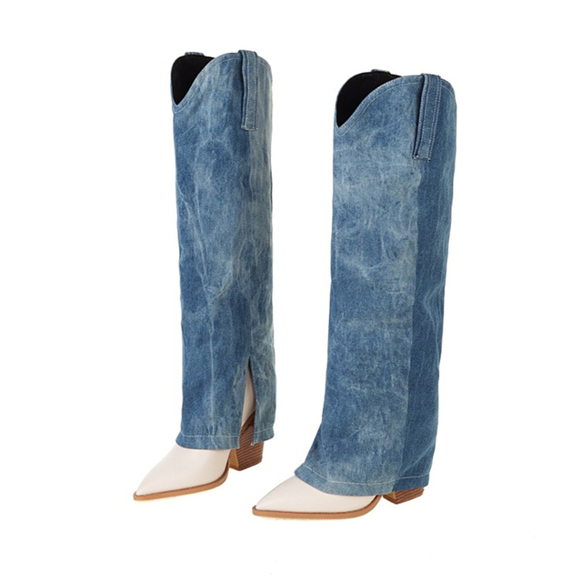 Damskie kowbojki nakładki z jeansu, wysokie obcasy, kolor niebieski, rozmiar 43 - Wianko - 4
