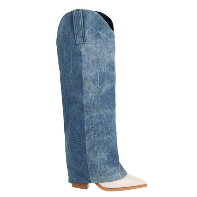 Damskie kowbojki nakładki z jeansu, wysokie obcasy, kolor niebieski, rozmiar 43 - Wianko - 3