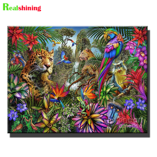 Dżungla Tygrys Papuga Diamentowa Mozaika Haftu Krzyżykowego - Obraz Ściegi, Krajobraz Zwierzęty, Domowa Sztuka - J124 - Wianko - 1