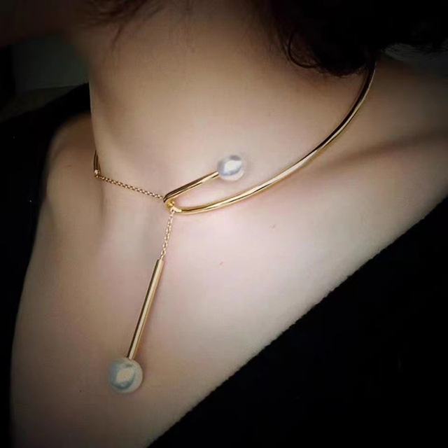 Elegancki naszyjnik choker z dużą imitacją białej perły - złota biżuteria ślubna - Wianko - 1