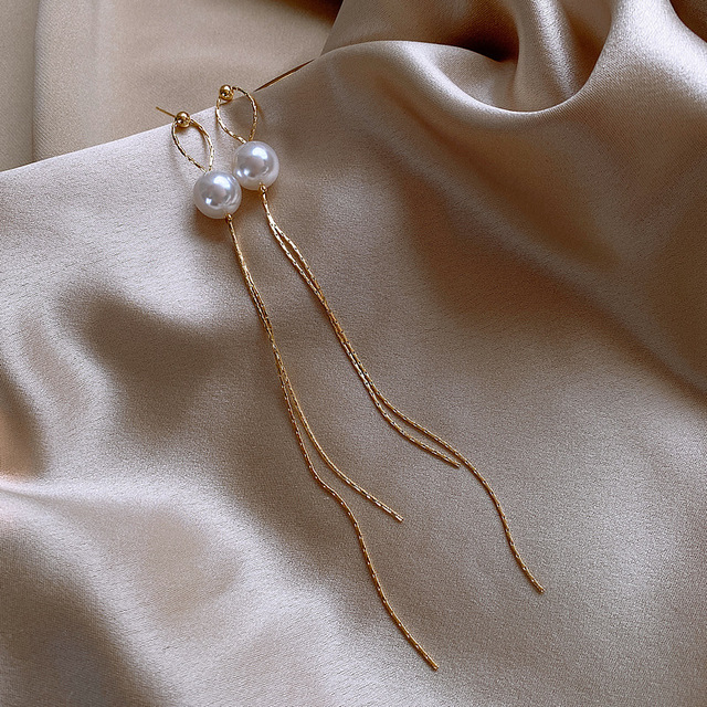 Koreańskie długie kolczyki wiszące z kokardą i kryształami perłowymi - biżuteria ślubna - Wianko - 14