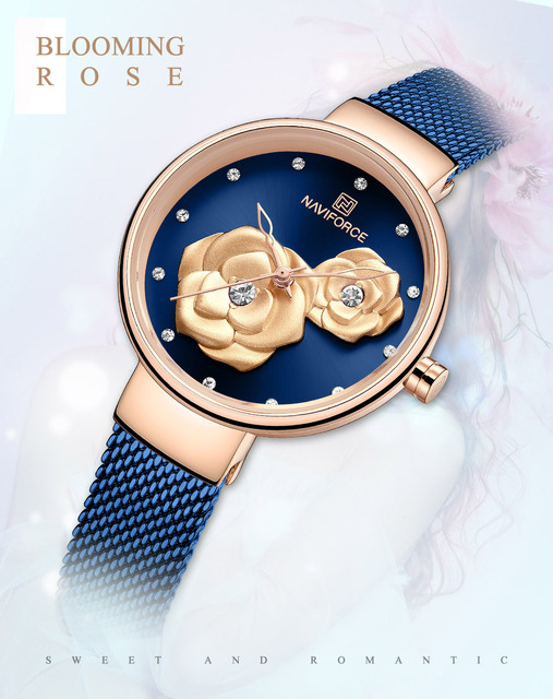 Kwarcowy zegarek damski NAVIFORCE wodoodporny 3D Slim z siatką, kwiat róży, codzienny i biznesowy - Wianko - 3