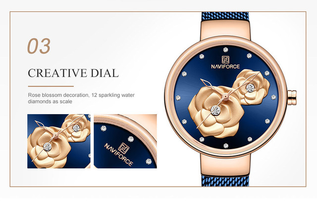 Kwarcowy zegarek damski NAVIFORCE wodoodporny 3D Slim z siatką, kwiat róży, codzienny i biznesowy - Wianko - 9