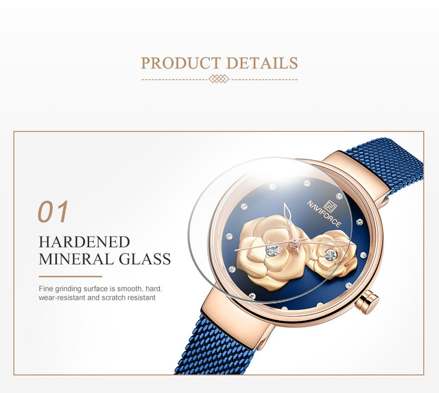 Kwarcowy zegarek damski NAVIFORCE wodoodporny 3D Slim z siatką, kwiat róży, codzienny i biznesowy - Wianko - 7