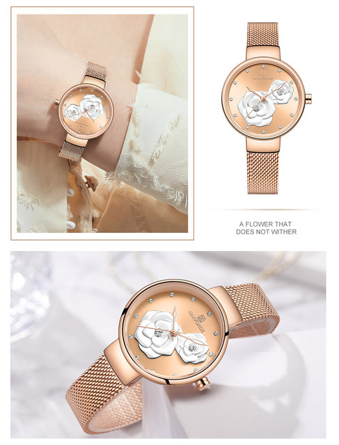 Kwarcowy zegarek damski NAVIFORCE wodoodporny 3D Slim z siatką, kwiat róży, codzienny i biznesowy - Wianko - 16