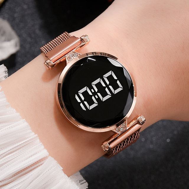 Luksusowy damski zegarek cyfrowy z różowym złotem ze stali nierdzewnej i magnesem LED - Wianko - 1