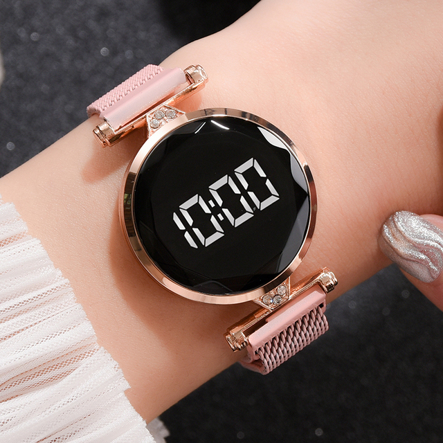 Luksusowy damski zegarek cyfrowy z różowym złotem ze stali nierdzewnej i magnesem LED - Wianko - 4